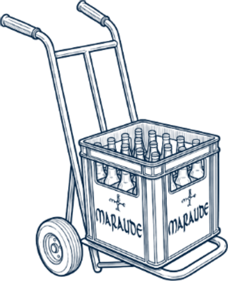 Un diable transportant une caisse Maraude remplie de bouteilles réutilisables